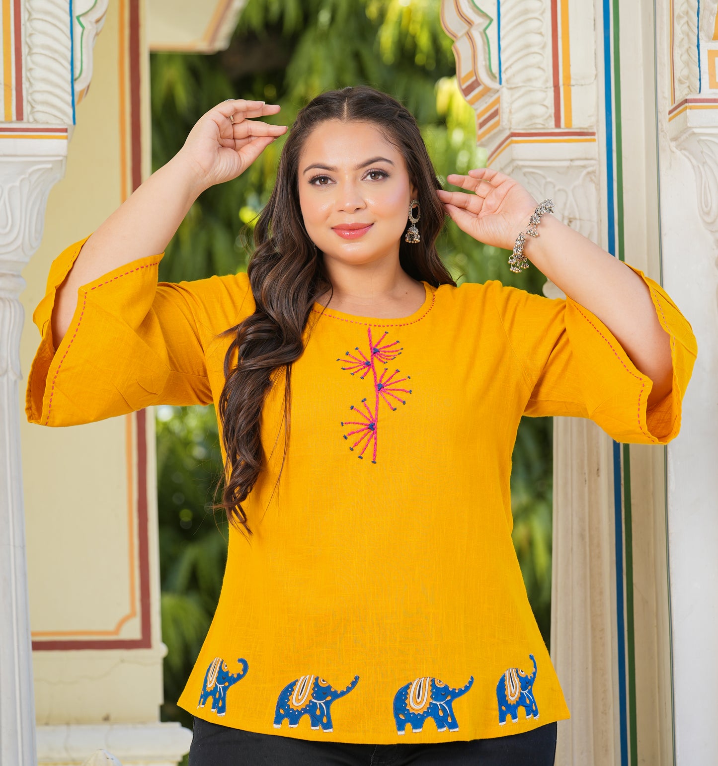 Yash Gallery Women's Cotton Slub Patch Work Top Plus Size