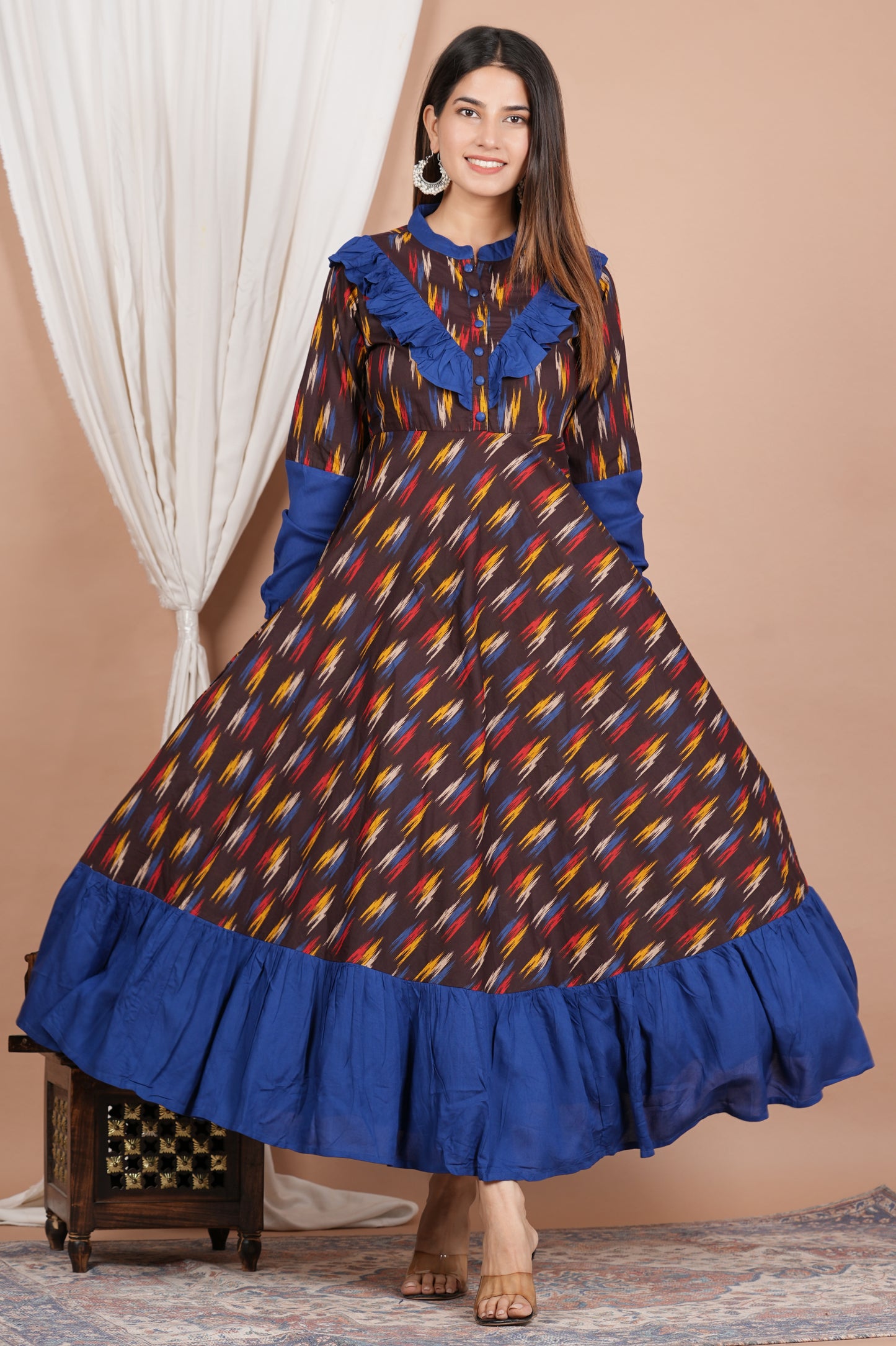 Yash Gallery Women's Ikat Printed Anarkali Dress (Multi)