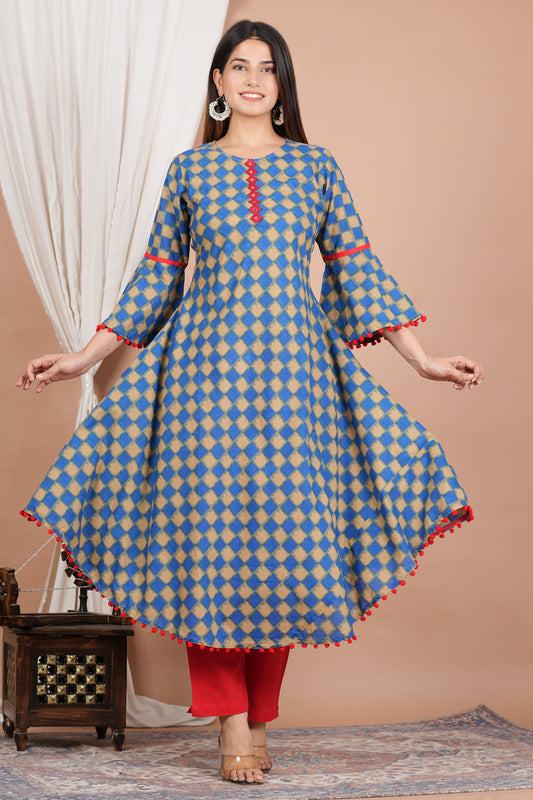 yash gallery womens cambric cotton printed mirror work a line kurta blue