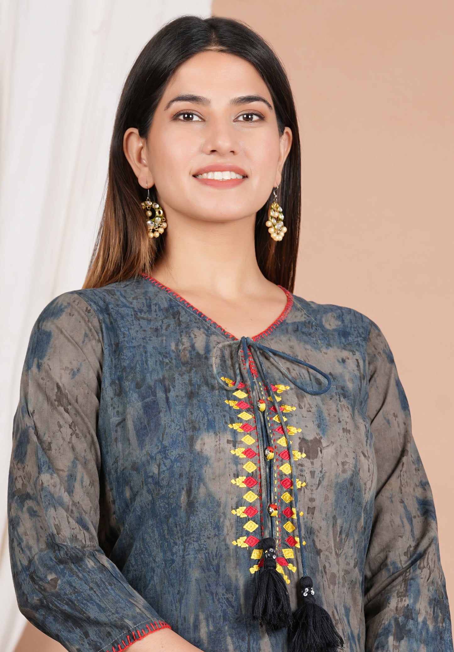 Yash Gallery Women's Tie-Dye Embroidered Straight Kurta