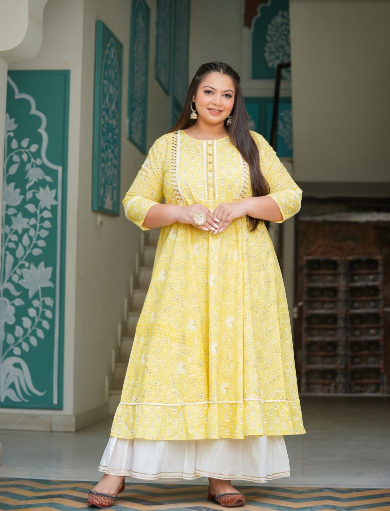 YASH GALLERY Women's Cotton Floral Printed Embroidered Anarkali Kurta (Yellow)