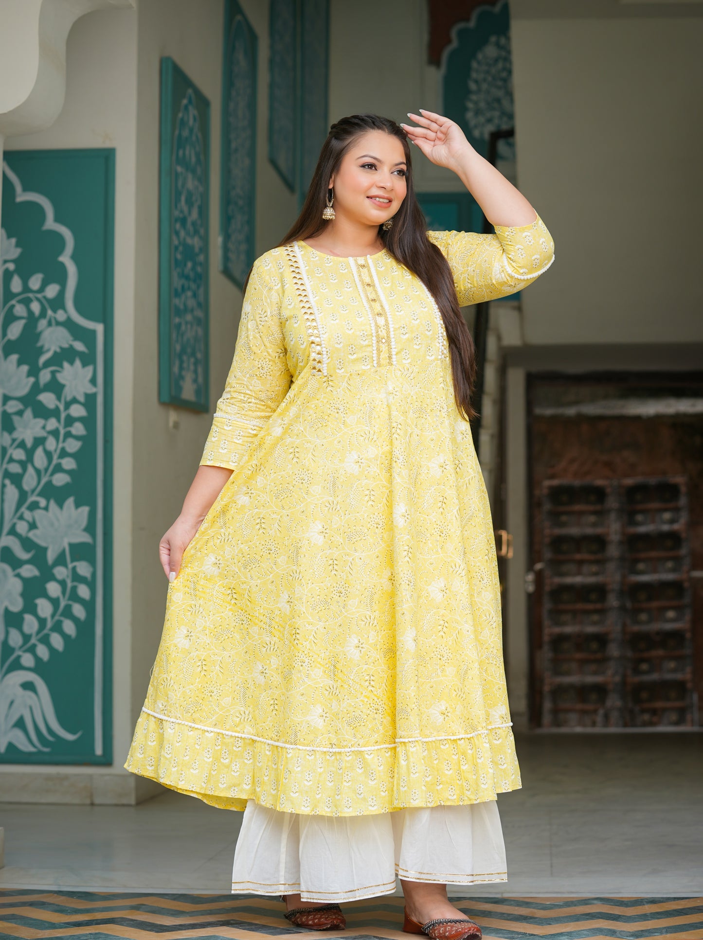 YASH GALLERY Women's Cotton Floral Printed Embroidered Plus Size Anarkali Kurta (Yellow)