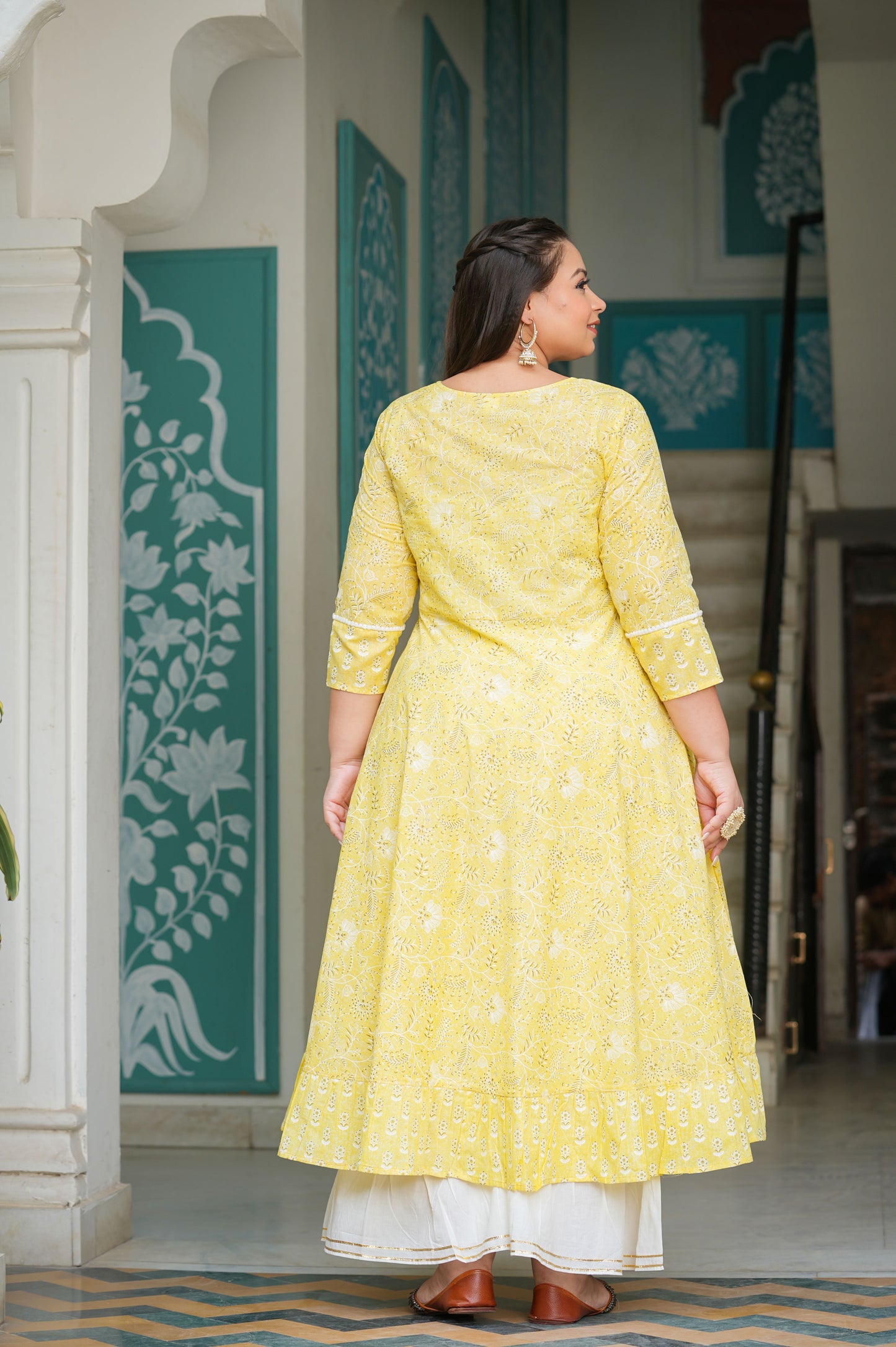 YASH GALLERY Women's Cotton Floral Printed Embroidered Plus Size Anarkali Kurta (Yellow)