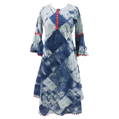 Yash Gallery Women's Abstract Printed Mirror Work A-Line Kurta (Blue)