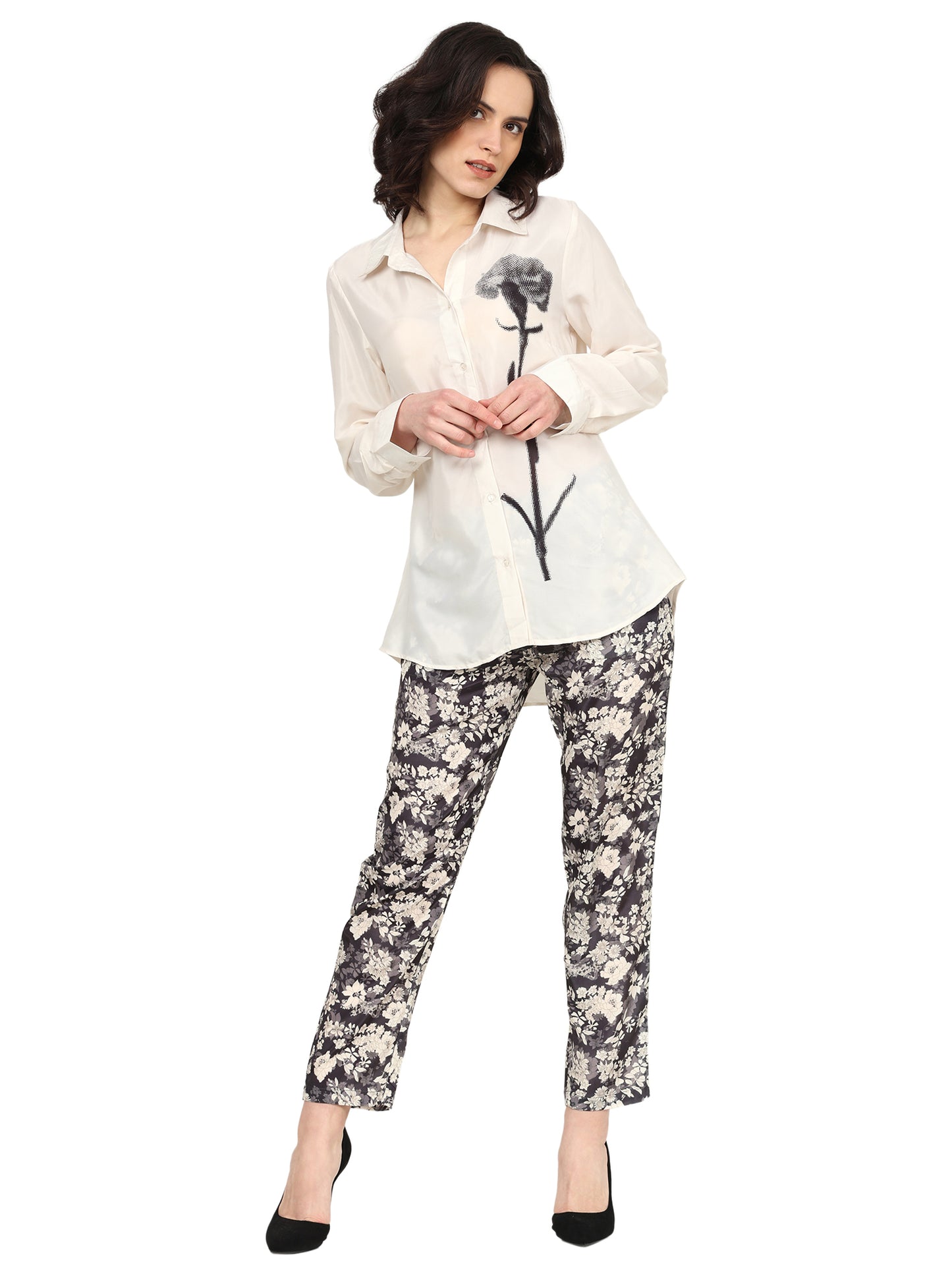 Yash Gallery Women's White Polyester Floral Placement Printed Co-Ord Set