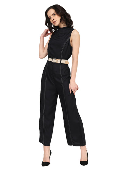 Yash Gallery Women's Black Rayon Fitted Jumpsuit with belt