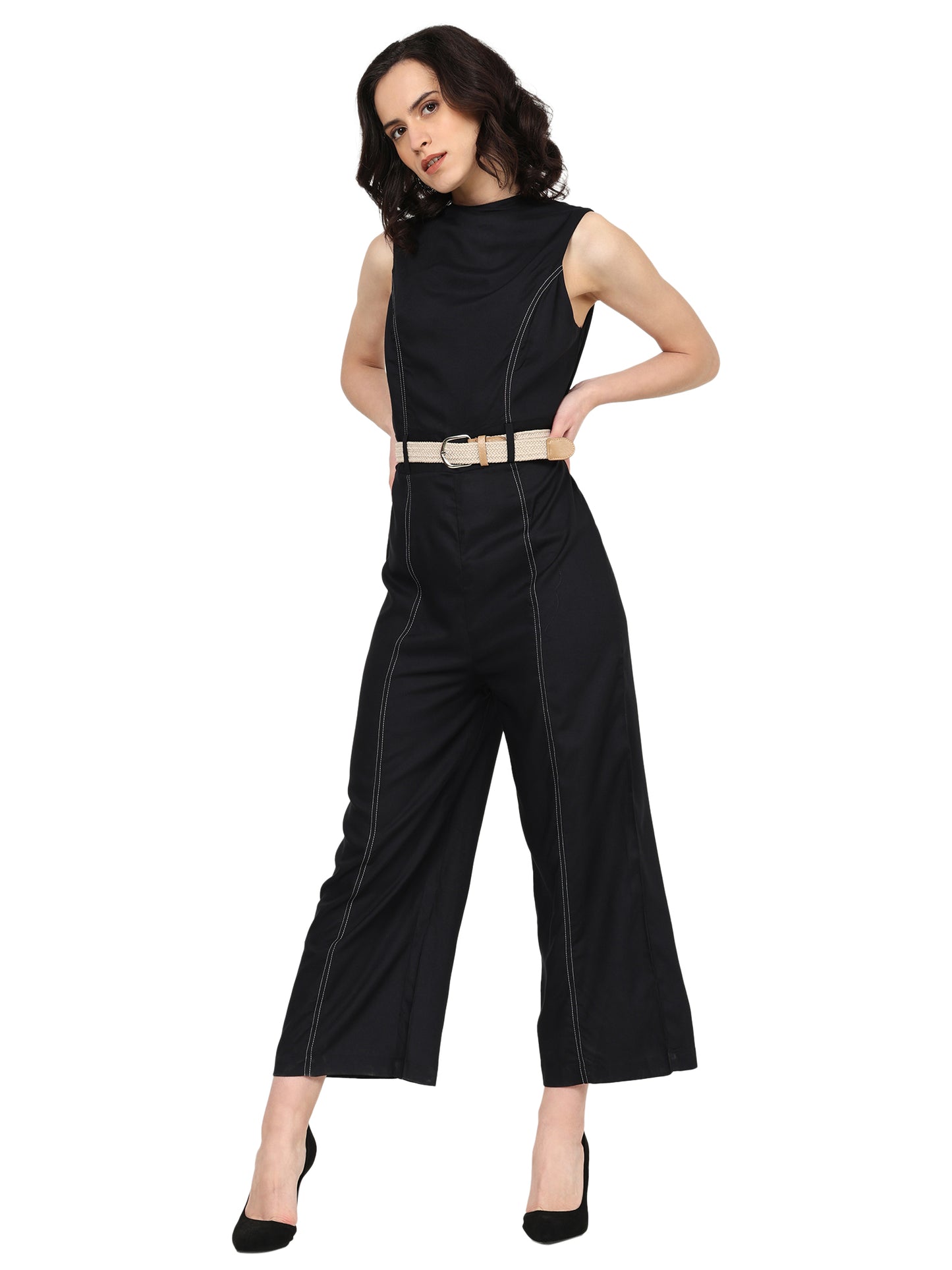 Yash Gallery Women's Black Rayon Fitted Jumpsuit with belt