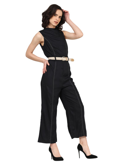 Yash Gallery Women's Black Rayon Fitted Jumpsuit with belt