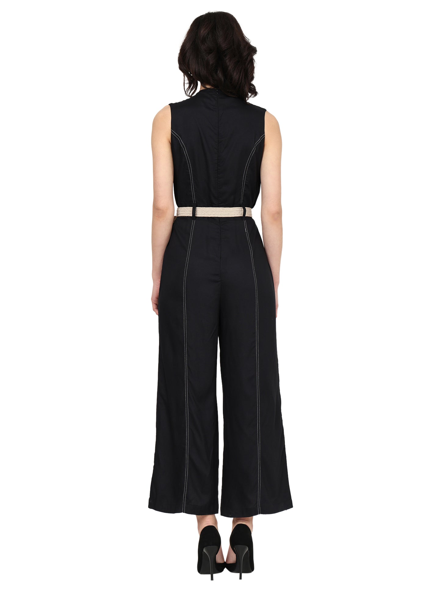 Yash Gallery Women's Black Rayon Fitted Jumpsuit with belt