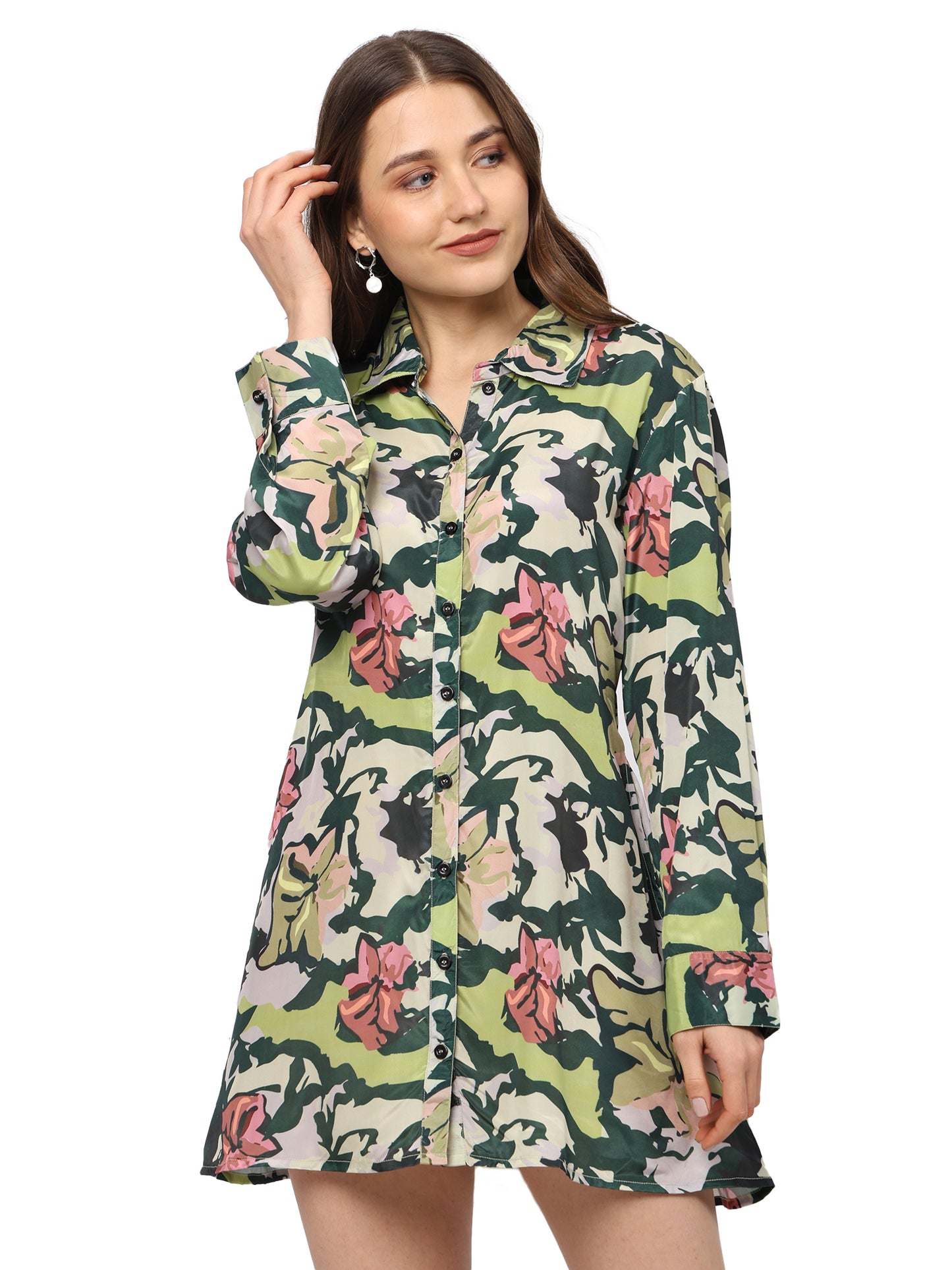 Yash Gallery Women's Green Polyester Floral Printed Tunic Dress