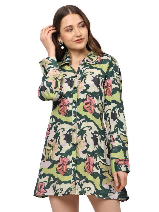 Yash Gallery Women's Green Polyester Floral Printed Tunic Dress