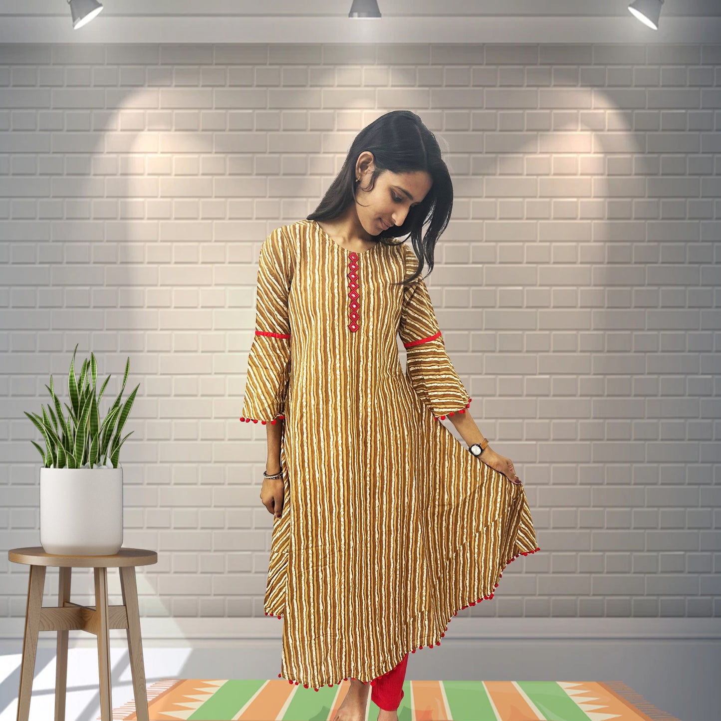 Cambric Cotton Printed Mirror Work A-Line Kurta