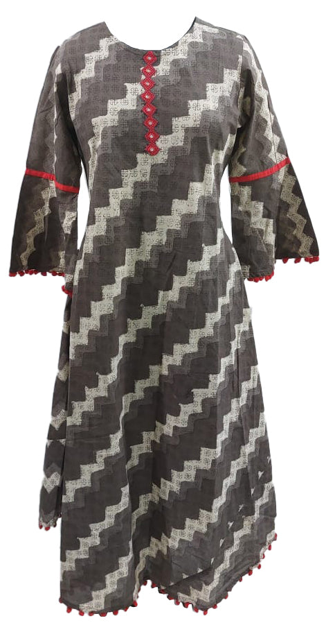 Yash Gallery Women's Cotton Zig- Zag Printed Mirror Work A-Line Kurta (Beige)