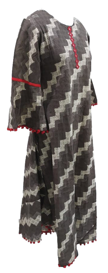 Yash Gallery Women's Cotton Zig- Zag Printed Mirror Work A-Line Kurta (Beige)