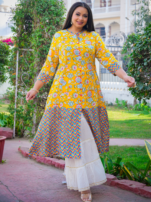yash gallery womens rayon plus size floral printed a line kurti yellow