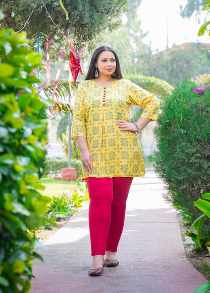 Yash Gallery Women's Plus Size Yellow Rayon Floral Printed Short Kurti (Yellow)