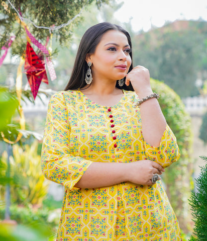 Yash Gallery Women's Plus Size Yellow Rayon Floral Printed Short Kurti (Yellow)