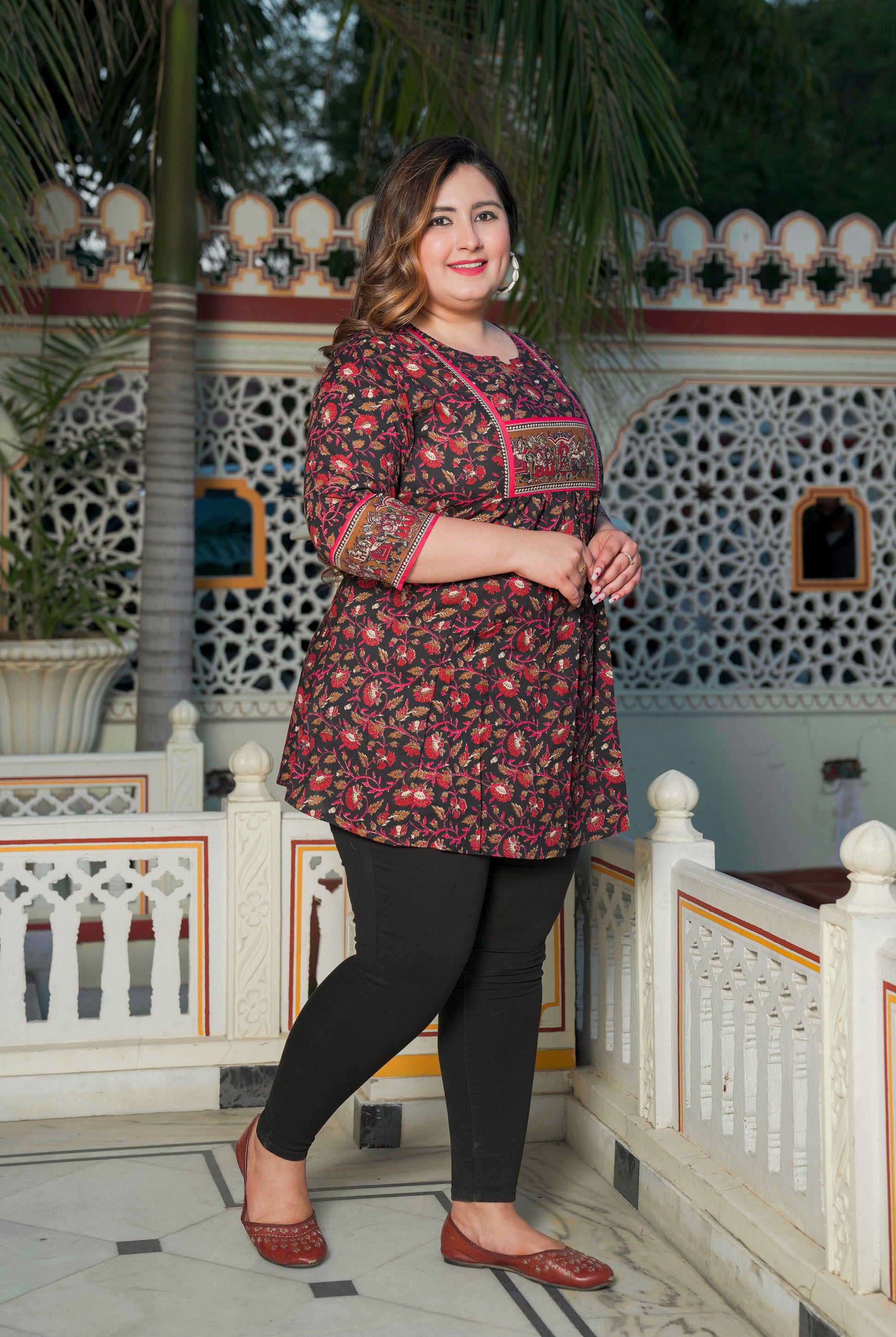 Yash Gallery Women's Plus Size Black Cotton Floral Printed Short Kurti (Black)