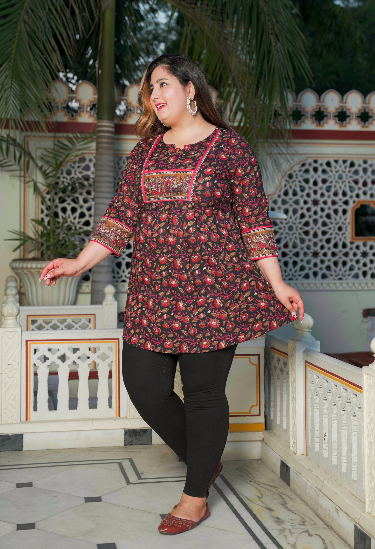 Yash Gallery Women's Plus Size Black Cotton Floral Printed Short Kurti (Black)