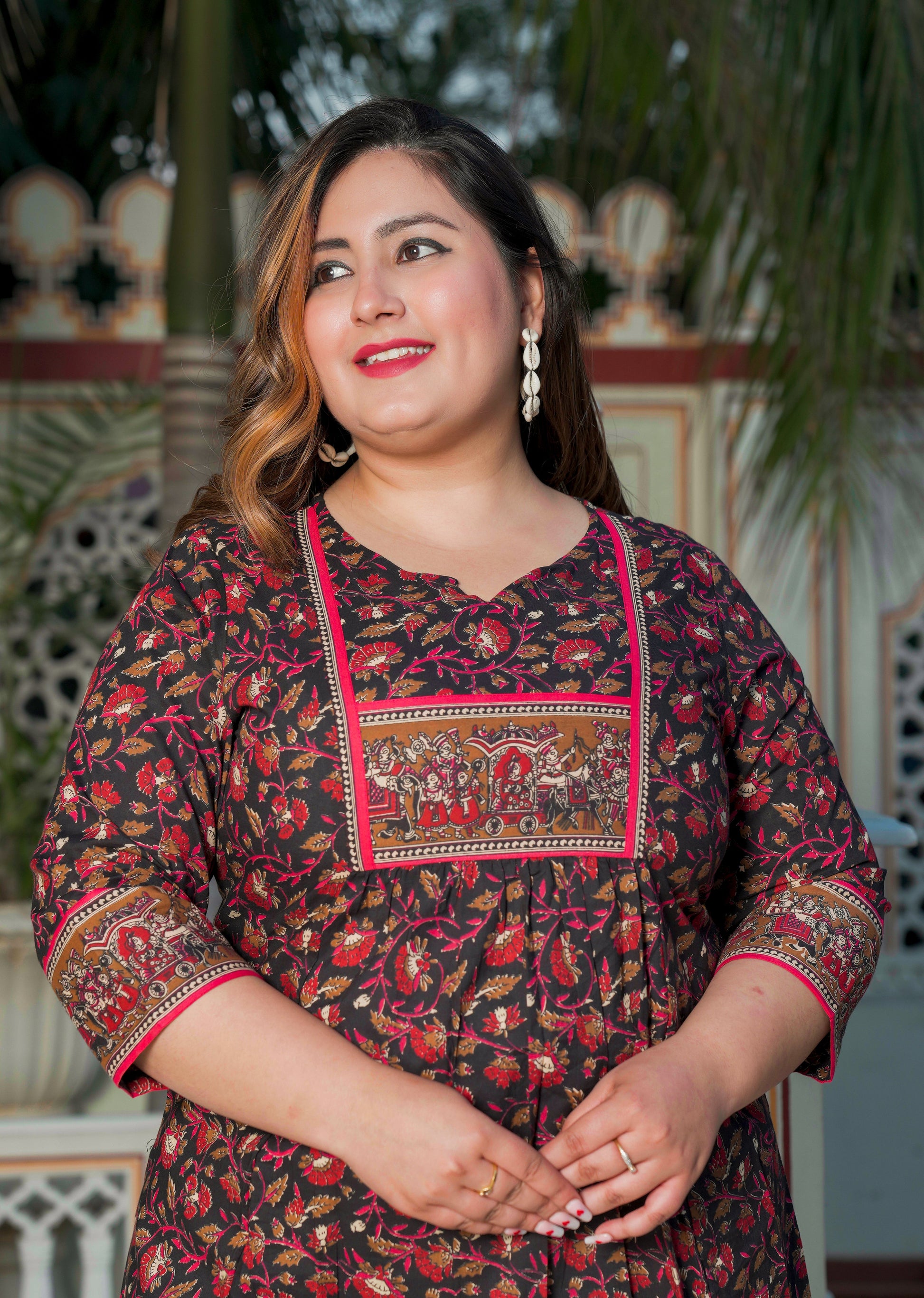 Yash Gallery Women's Plus Size Black Cotton Floral Printed Short Kurti (Black)