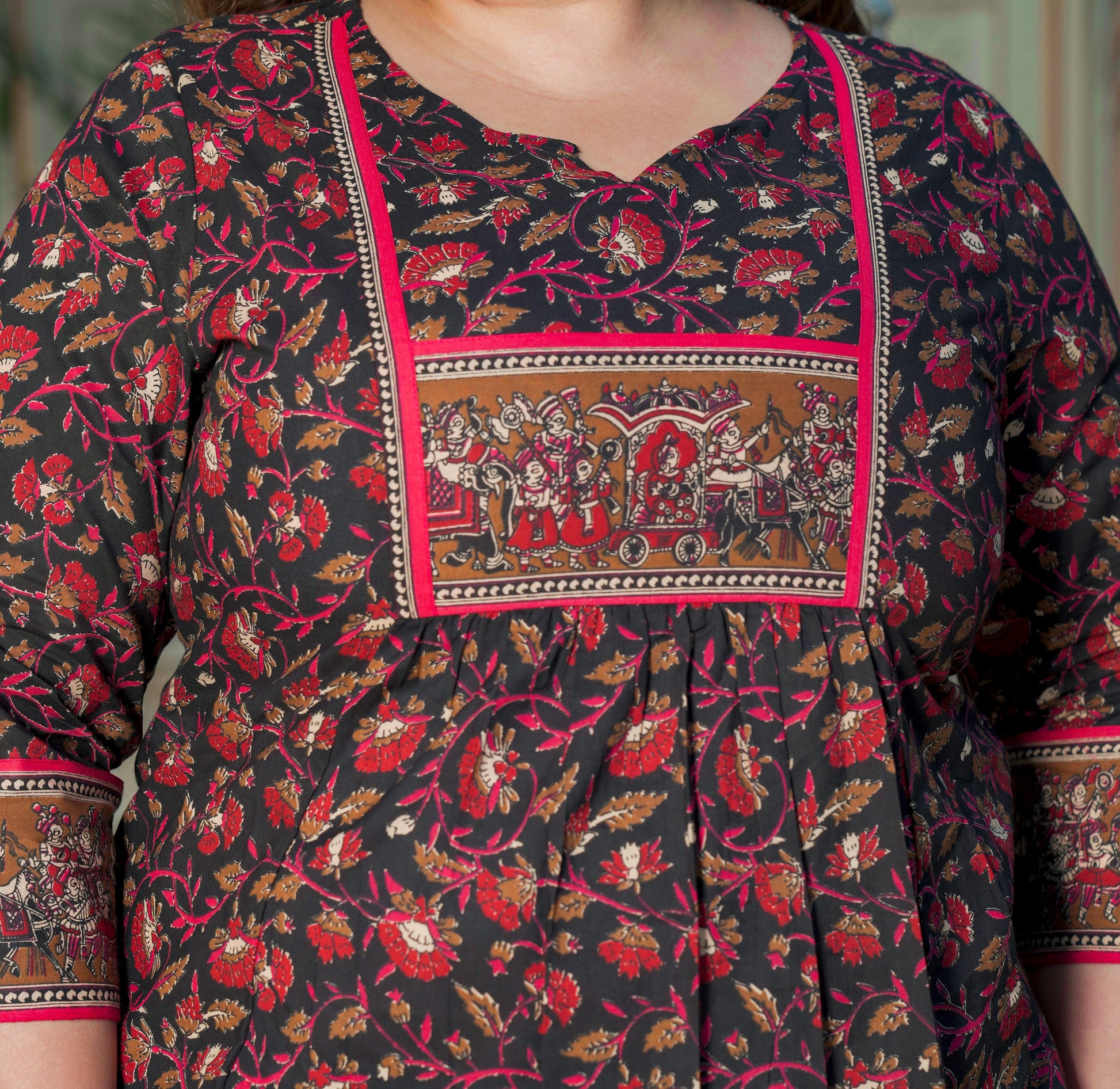 Yash Gallery Women's Plus Size Black Cotton Floral Printed Short Kurti (Black)