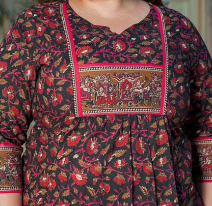 Yash Gallery Women's Plus Size Black Cotton Floral Printed Short Kurti (Black)