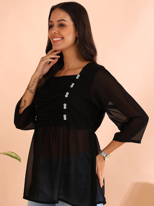 women dotted rayon dobby solid regular top blue