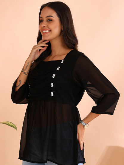 women dotted rayon dobby solid regular top blue