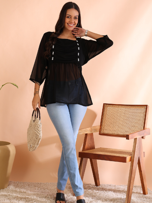 women dotted rayon dobby solid regular top blue