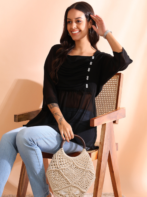 women dotted rayon dobby solid regular top blue