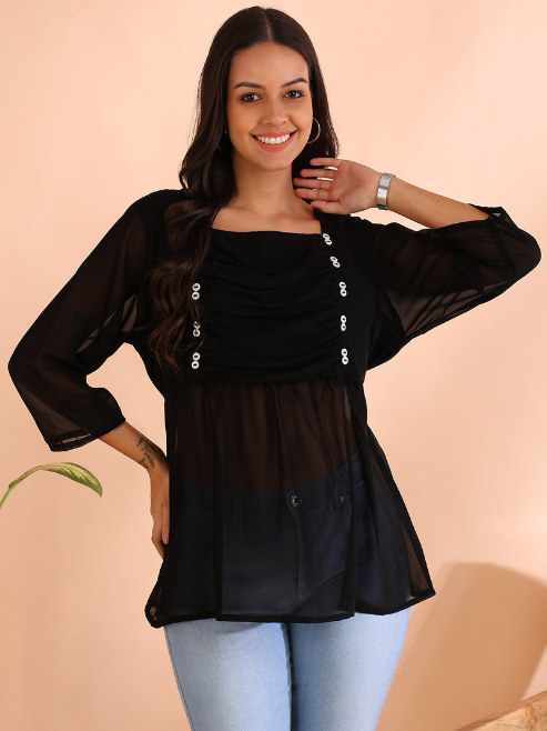 Dotted Rayon Dobby Solid Regular Top (Blue)