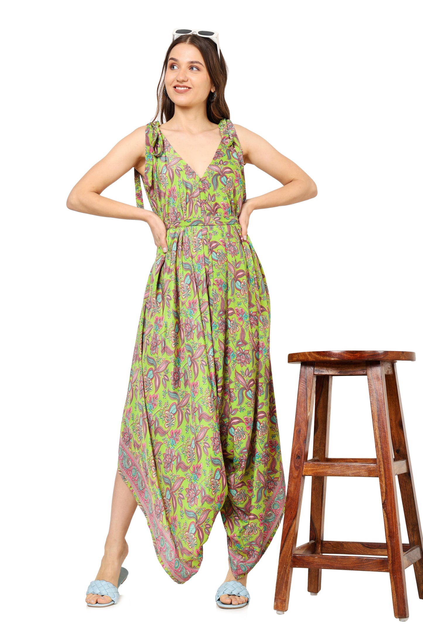 Yash Gallery Women's Floral Printed Dhoti Style Drape Dress