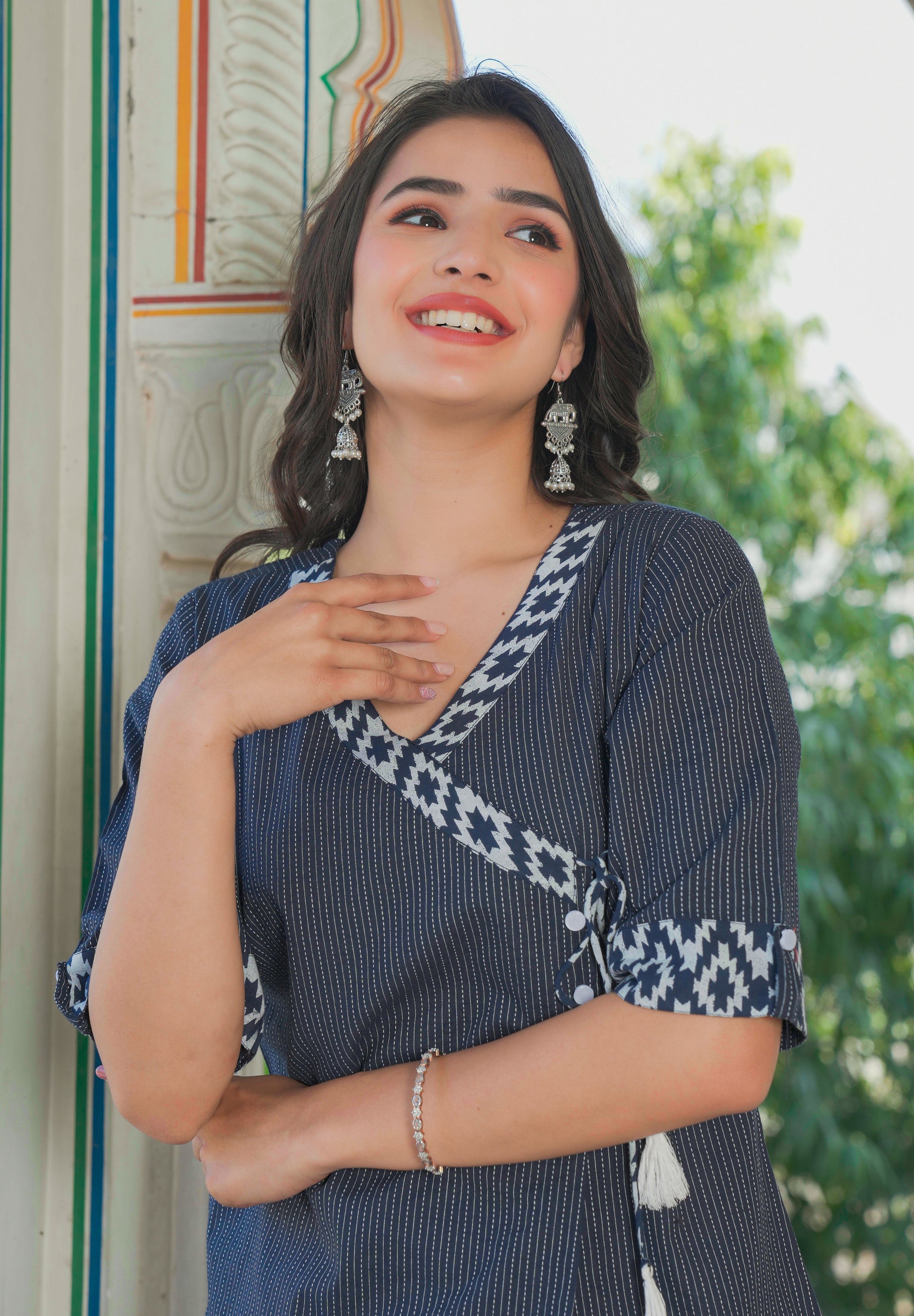 YASH GALLERY Women's Blue Kantha Stripe Top (Blue)