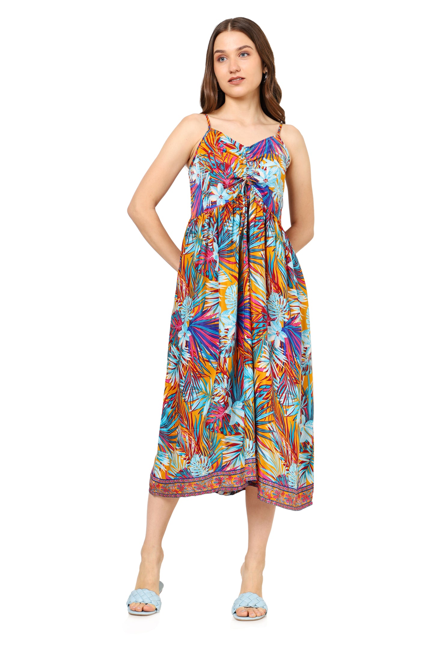 Yash Gallery Women's Multi Tropical Printed Flared Dress (Multi)