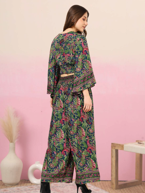 yash gallery womens green floral printed smoking embroidered co ord set green