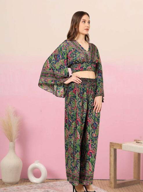 yash gallery womens green floral printed smoking embroidered co ord set green