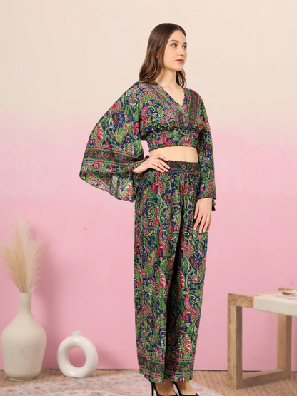 yash gallery womens green floral printed smoking embroidered co ord set green