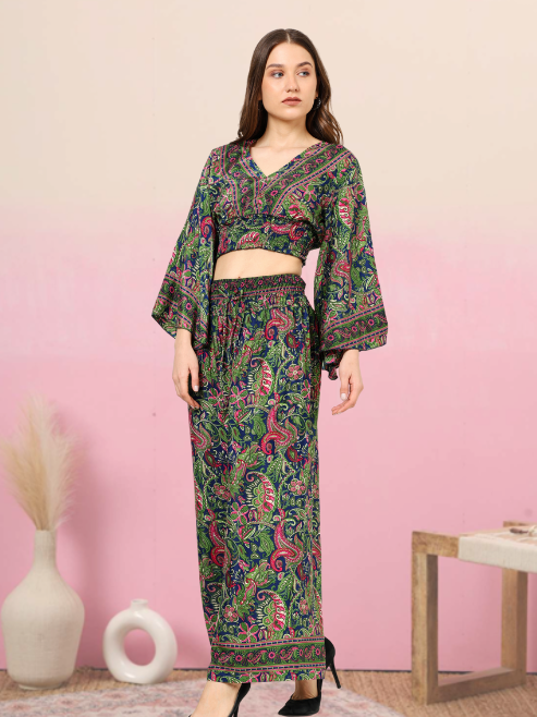 yash gallery womens green floral printed smoking embroidered co ord set green
