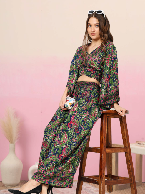 yash gallery womens green floral printed smoking embroidered co ord set green