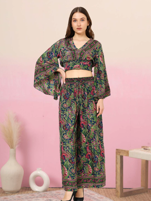 yash gallery womens green floral printed smoking embroidered co ord set green