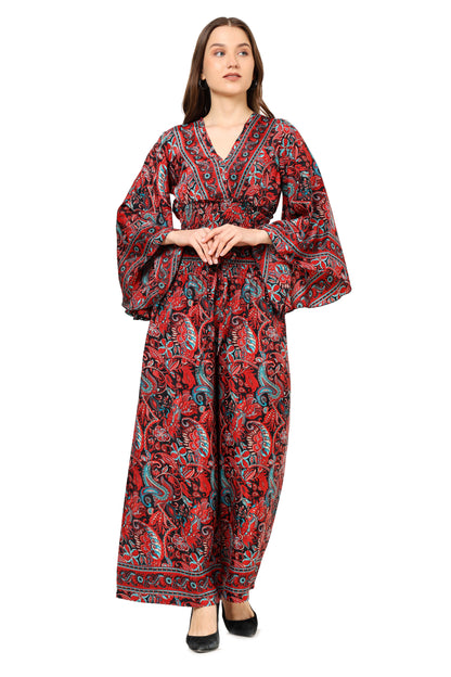 Yash Gallery Women's Red Floral Printed Smoking Embroidered Co-Ord Set (Red)