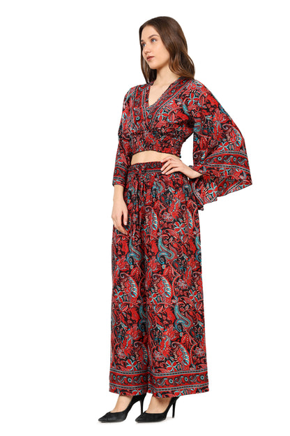 Yash Gallery Women's Red Floral Printed Smoking Embroidered Co-Ord Set (Red)