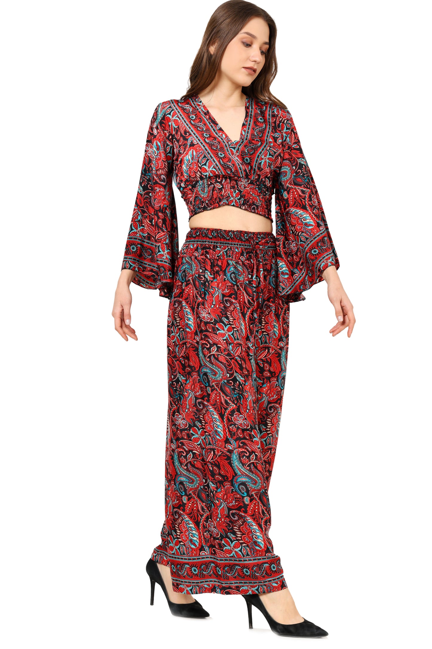 Yash Gallery Women's Red Floral Printed Smoking Embroidered Co-Ord Set (Red)