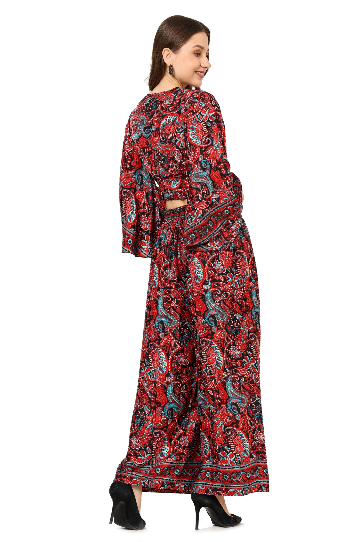 Yash Gallery Women's Red Floral Printed Smoking Embroidered Co-Ord Set (Red)