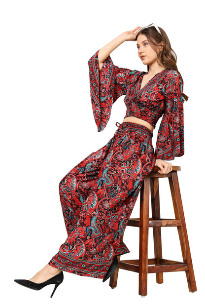 Yash Gallery Women's Red Floral Printed Smoking Embroidered Co-Ord Set (Red)