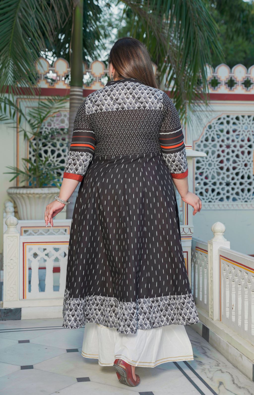 yash gallery womens plus size cotton ikat printed anarkali kurti black
