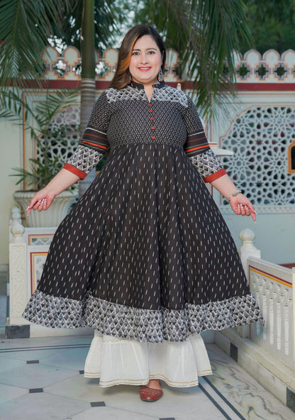 Yash Gallery Women's Plus Size Cotton Ikat Printed Anarkali Kurti (Black)