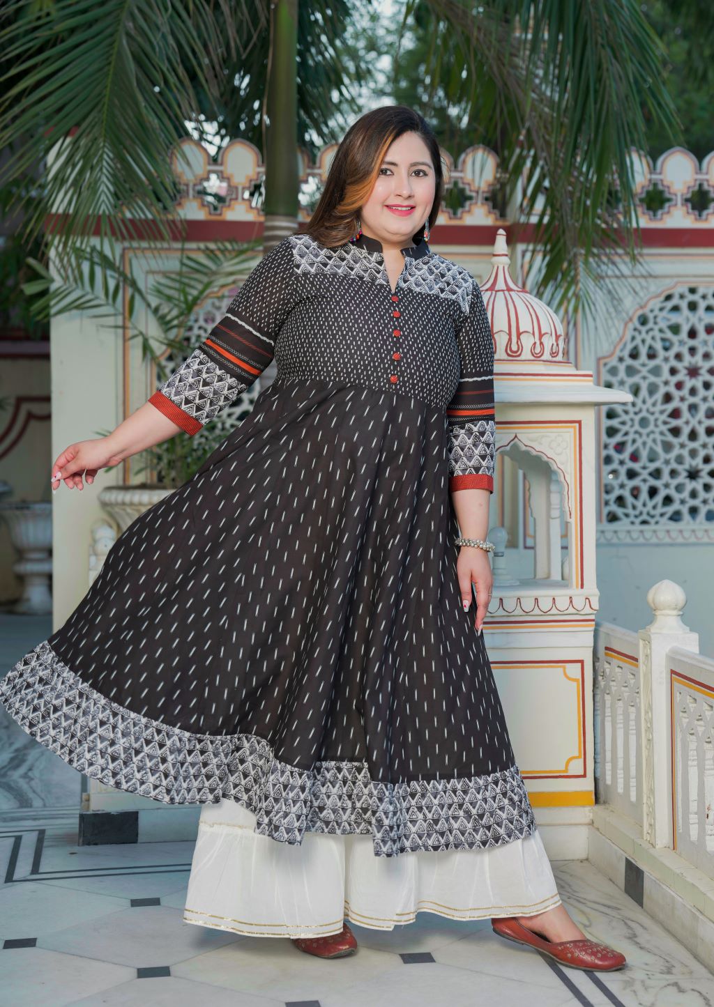 Yash Gallery Women's Plus Size Cotton Ikat Printed Anarkali Kurti (Black)