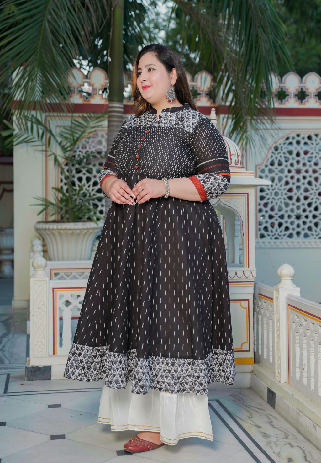 yash gallery womens plus size cotton ikat printed anarkali kurti black