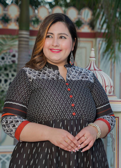 yash gallery womens plus size cotton ikat printed anarkali kurti black
